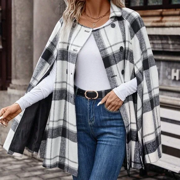 Plaid Print Cloak Sleeve Double Breasted Cape - Picture 3 of 5